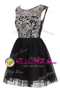 Knee Length Black Prom Gown Tulle Cap Sleeves Beading
