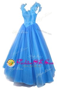 Inexpensive Baby Blue A-line Ruching and Pick Ups Evening Dress Zipper Organza Sleeveless Floor Length
