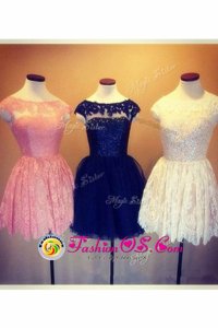 Baby Pink Lace Backless Scoop Cap Sleeves Knee Length Prom Dress Embroidery