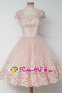 Gorgeous Baby Pink Square Zipper Lace Prom Evening Gown Cap Sleeves