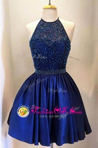 Royal Blue A-line High-neck Sleeveless Satin Knee Length Backless Beading Prom Gown