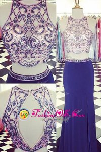 Scoop Blue Sleeveless With Train Beading Backless Juniors Evening Dress