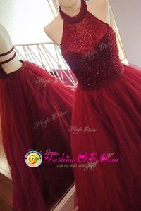 Spectacular Sweep Train A-line Dress for Prom Burgundy Halter Top Tulle Sleeveless With Train Backless