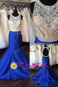 Hot Selling Mermaid Scoop Beading Celebrity Dresses Royal Blue Backless Sleeveless Sweep Train