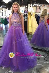 Scoop Sleeveless Backless Prom Party Dress Lavender Tulle