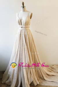 Fancy Champagne V-neck Neckline Lace and Sashes|ribbons Prom Dress Sleeveless Backless
