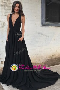 Sleeveless With Train Ruching Backless Prom Gown with Black Court Train