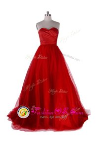 Luxury Red Sleeveless With Train Ruching Zipper Prom Dress