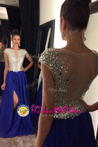 Royal Blue Chiffon Side Zipper Bateau Sleeveless Prom Evening Gown Sweep Train Beading