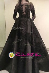 Gorgeous Black Bateau Neckline Beading and Appliques Mother Of The Bride Dress Long Sleeves Zipper