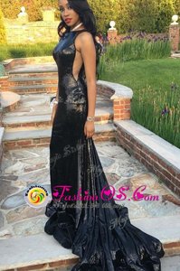 Mermaid Black Dress for Prom Prom and For with Ruching Bateau Sleeveless Sweep Train Zipper
