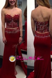 On Sale Sleeveless Elastic Woven Satin With Train Sweep Train Side Zipper Evening Dress in Wine Red for with Beading
