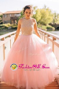 Dynamic Scoop Floor Length Zipper Prom Gown Pink and In for Prom and Party with Beading