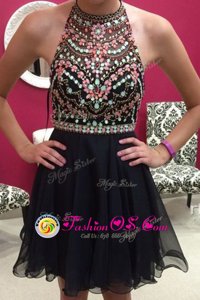 Black Chiffon Zipper Halter Top Sleeveless Mini Length Club Wear Beading