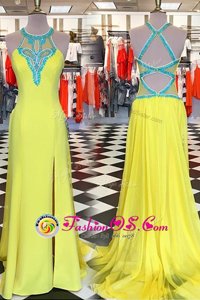 Elegant With Train Yellow Prom Dress Scoop Sleeveless Sweep Train Backless