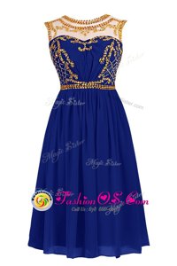 Exceptional Royal Blue A-line Scoop Sleeveless Chiffon Knee Length Zipper Beading Prom Dress