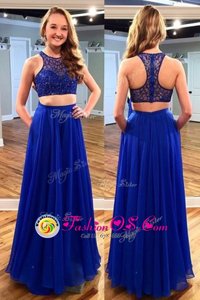 Scoop Beading Prom Evening Gown Royal Blue Zipper Sleeveless Floor Length