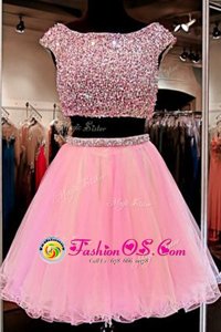 Shining Bateau Cap Sleeves Prom Party Dress Mini Length Beading Pink Tulle