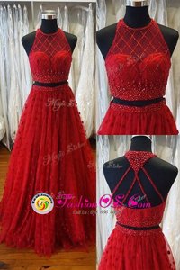 Luxury Scoop Red Sleeveless Sweep Train Beading and Appliques Prom Dress