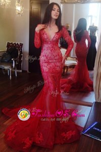 Mermaid Red Long Sleeves Sweep Train Beading and Lace Prom Dress