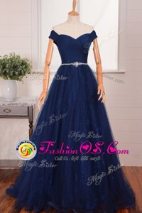Fancy Off the Shoulder Sleeveless Organza With Brush Train Zipper Dress for Prom in Navy Blue for with Belt
