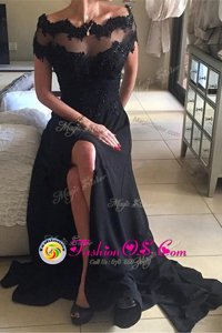 Custom Design Off the Shoulder Black Chiffon Sweep Train Short Sleeves Beading and Lace