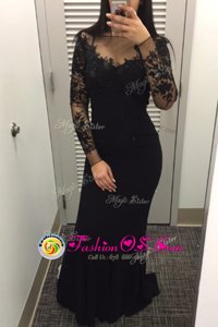 Mermaid Floor Length Black Evening Outfits Satin Long Sleeves Beading and Lace