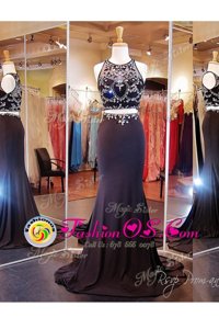 Fantastic Scoop With Train Zipper Prom Dress Black and In for Prom and Party with Beading and Appliques Brush Train