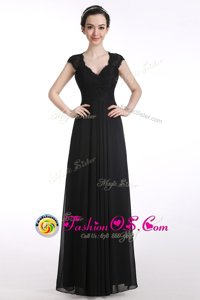Top Selling Chiffon V-neck Cap Sleeves Zipper Lace Mother Of The Bride Dress in Black