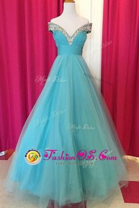 Extravagant Floor Length Blue Prom Party Dress Off The Shoulder Sleeveless Backless