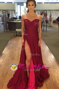 Pretty Off the Shoulder Zipper Prom Evening Gown Burgundy and In for Prom and Party with Beading and Pleated Sweep Train