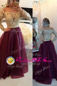 Gorgeous Burgundy Organza Zipper Scoop Long Sleeves Floor Length Prom Evening Gown Beading and Appliques