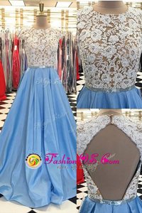 Satin Scoop Cap Sleeves Sweep Train Backless Beading and Lace Evening Dress in Blue