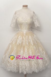 Gorgeous Champagne Tulle Zipper Scalloped Half Sleeves Knee Length Evening Dress Lace and Belt