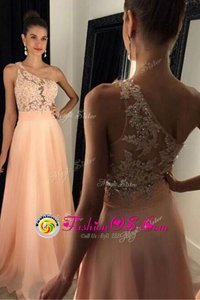 One Shoulder A-line Sleeveless Peach Prom Gown Sweep Train Side Zipper