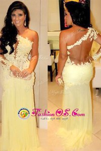 Fantastic One Shoulder Long Sleeves Chiffon Celebrity Dresses Lace Side Zipper