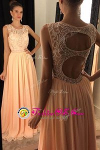 Custom Made Scoop Peach Chiffon Backless Prom Evening Gown Sleeveless Floor Length Beading and Lace