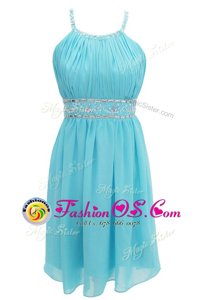 Halter Top Aqua Blue Sleeveless Beading Knee Length Homecoming Gowns