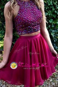Super Fuchsia Two Pieces Chiffon Halter Top Sleeveless Beading Knee Length Criss Cross Cocktail Dresses