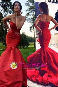 Sumptuous Mermaid Pleated Red Prom Party Dress Sweetheart Sleeveless Sweep Train Zipper