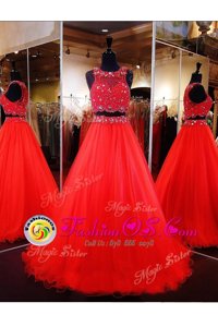 Vintage Scoop Floor Length Zipper Coral Red and In for Prom and Party with Beading