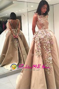 Sophisticated Champagne Bateau Neckline Lace and Appliques Prom Party Dress Sleeveless Backless