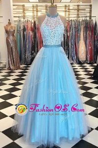 Halter Top Sleeveless Prom Evening Gown Floor Length Beading and Appliques Blue Tulle