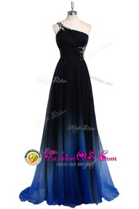 Chic Navy Blue A-line One Shoulder Sleeveless Chiffon Floor Length Criss Cross Beading Mother Of The Bride Dress
