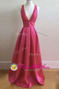 Hot Pink A-line Satin V-neck Sleeveless Pleated Floor Length Criss Cross Prom Evening Gown
