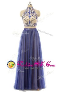 Halter Top Tulle Sleeveless Floor Length Prom Dress and Appliques