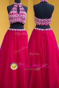 Traditional Halter Top Fuchsia Backless Evening Outfits Beading Sleeveless Floor Length