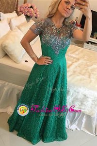 Modern Lace Green Prom Evening Gown Prom and For with Beading Scoop Short Sleeves Zipper