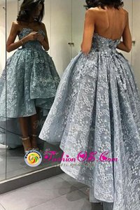 Grey Sleeveless Lace High Low Prom Dress