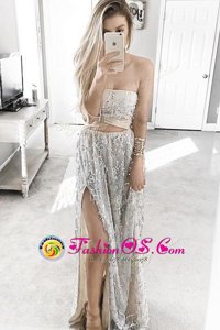 Trendy Satin Strapless Sleeveless Sweep Train Lace Up Beading Dress for Prom in Grey